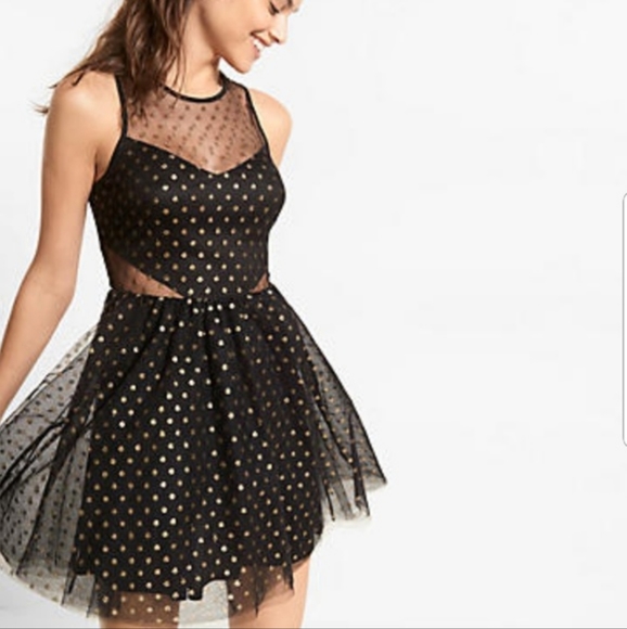 Express black and gold polka dot dress